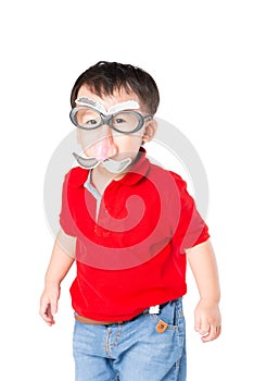 Boy with funny mask pointing