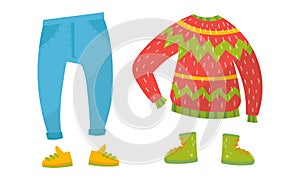 Boy Garment and Clothes with Pair of Jeans and Sweater Vector Set