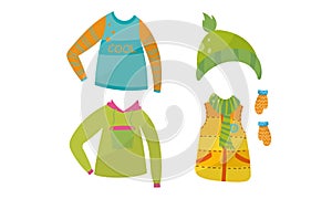 Boy Garment and Clothes with Sleeveless Vest and Hoodie Vector Set