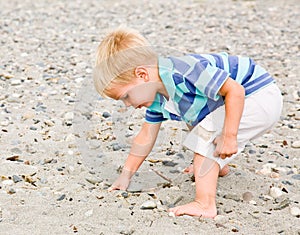 Boy gathering rocks at beach