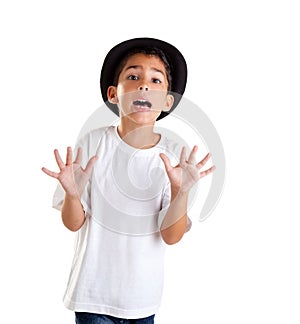 Boy gesture with black hat isolated on white