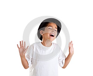 Boy gesture with black hat isolated on white