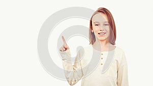 Boy gesturing new idea. Emotional portrait of happy teen boy over white background with copy space