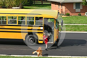 Boy Getting off School Bus photo