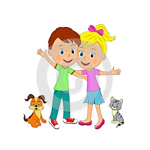 Boy and girl arm in arm waving
