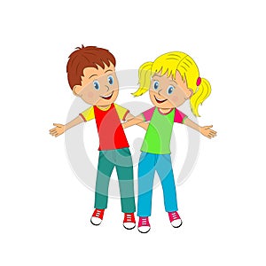 Boy and girl arm in arm waving