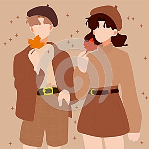 A boy and a girl in autumn clothes hold a yellow maple leaf at their heads, portraits of people without faces.Vector