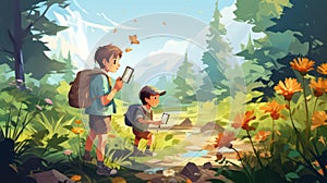 Boy and a girl with a backpack in the forest