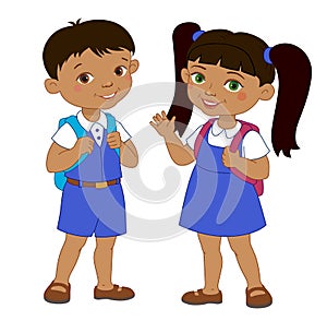 Boy and girl with backpacks pupil stay cartoon school