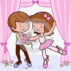 Boy and girl ballet dancers dancing on the stage. Vector illustration