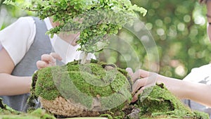 Boy and girl build small garden