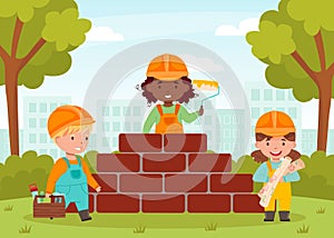 Boy and Girl Builder Character in Helmet and Uniform Vector Illustration