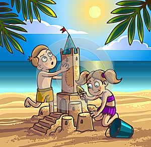 Boy and girl are building sandcastle