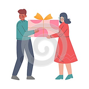 Boy and Girl Carrying Huge Present Box, Joyful Couple Celebrating Holiday and Holding Gift Box Cartoon Vector