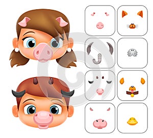 Boy girl cartoon selfie application photo items animal masks face decoration ears nose details vector illustration