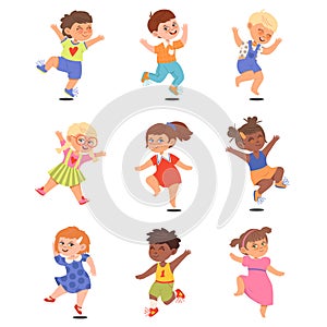 Boy and Girl Characters Jumping with Joy and Excitement Vector Illustrations Set