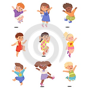 Boy and Girl Characters Jumping with Joy and Excitement Vector Illustrations Set