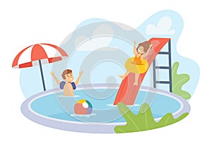 Boy and Girl Characters in Swimwear Playing in Swimming Pool. Kids Having Fun on Summer Vacation. Children on Rings