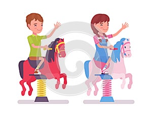 Boy, girl child 7, 9 yo school age kid, horse spring rider