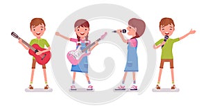 Boy, girl child 7 to 9 years old guitar playing, singing