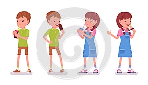 Boy and girl child 7 to 9 years old with soda, ice-cream