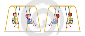 Boy and girl child 7 to 9 years old on swings