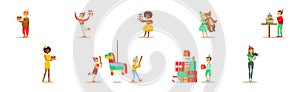 Boy and Girl Child at Happy Birthday Party Celebrating Holiday Vector Set