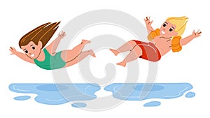 Boy And Girl Children Jumping Into Water Vector