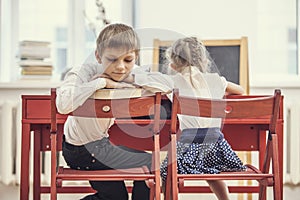 Boy, girl children in the school has a happy, curious, smart