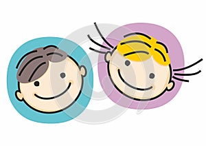 Boy and girl at color frame, two children, conceptual vector illustration, logo, eps.