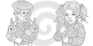 Boy and Girl. Coloring Pages. Coloring Book for adults. Colouring pictures with kids and farm animals drawn in zentangle style.