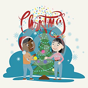 Boy and Girl of Different Races in festive winter clothes decorates a large Christmas tree with balls and garlands