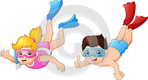 Boy and girl diving under water