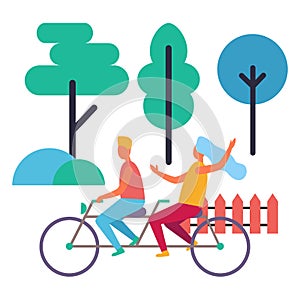 Boy and Girl on Double Bike Isolated Illustration