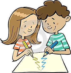 Boy and a girl draw a Christmas tree