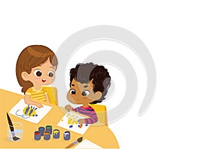 Boy and Girl Draw Pictures with paints. Isolated on a White Background