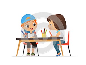 Boy and Girl Draw Pictures with pencils. Isolated on a White Background