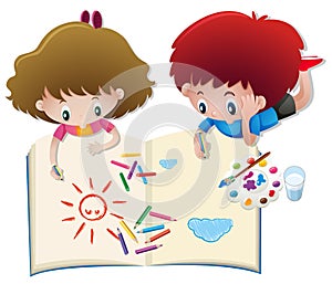 Boy and girl drawing in big book