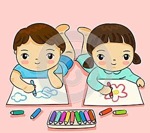 Boy and girl drawing with colorful on paper vector illustration