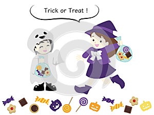 Boy and girl dressed up as Halloween costumes and called Trick or Treat