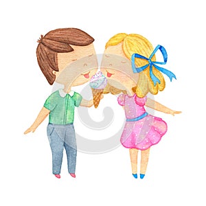 Boy and girl eating ice cream. watercolor illustration.