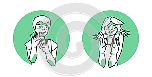 Boy and girl with emotion of disgust circle icons, facial expression with hands. Disgusted teenagers expressing their negative