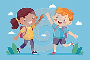 A boy and a girl energetically run side by side, smiling and having fun together, Kids high five Customizable Flat Illustration