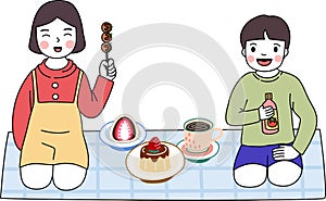 Boy and girl enjoy with sweet dessert