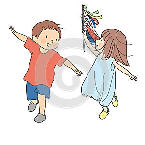 Boy and girl flying colorful carp streamers in the wind to celebrate Japanese Childrenâ€™s dayà¸¡ Cartoon character drawing