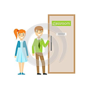 Boy And Girl In Front Of Classroom Door, Part Of School And Scholar Life Series Of Minimalistic Illustrations