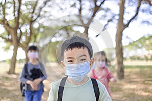 Boy and girl going back to school after covid-19 quarantine and lockdown. Group of kids in masks for coronavirus prevention