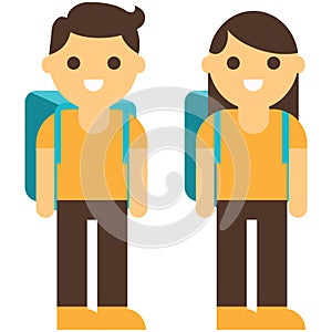 Boy and girl going to school set. Entrance to school. Vector