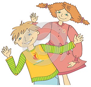 Boy and girl greet waving hand