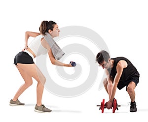 Boy and girl having difficulty at the gym